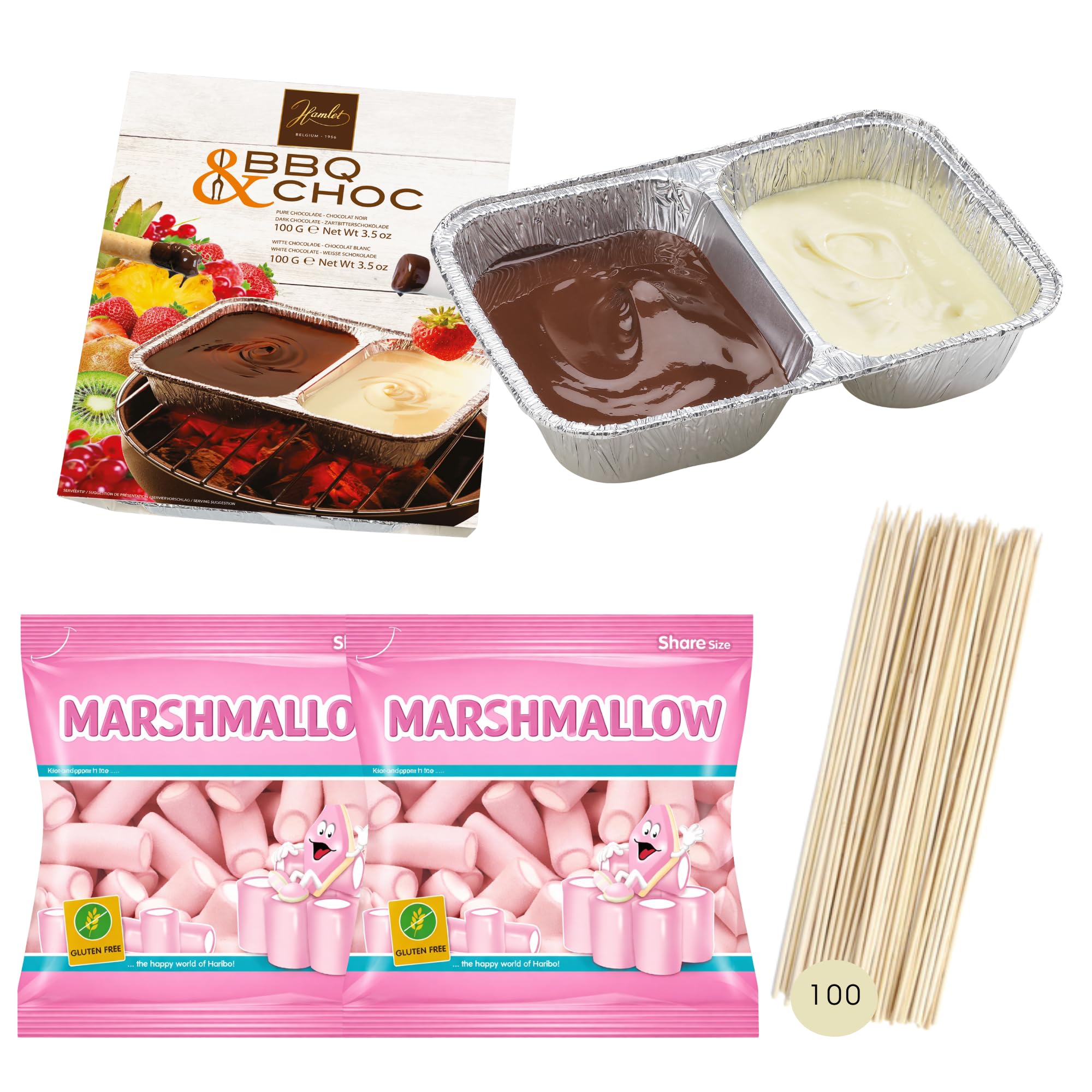 Kit Chocolate Belga para Fundir BBQ & Fondue (200g Negro + Blanco) + 2 Bolsas Marshmallow + 100 Pinchos Bambú, Chocolate para Barbacoa, Parrilla y Postres