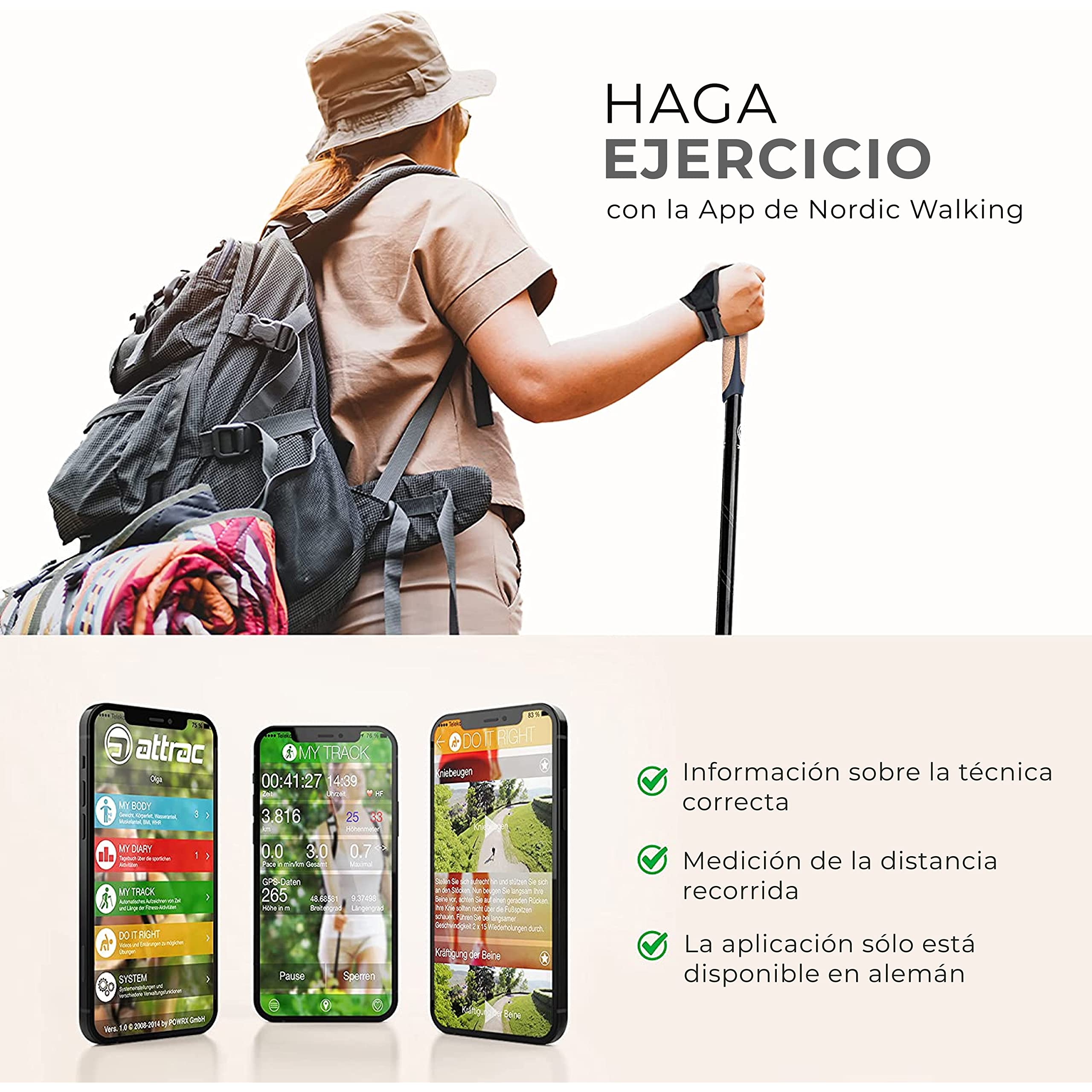 ATTRAC Bastones Marcha nórdica »Clásicos« con Sistema telescópico, antichoque y „Click & Go“ de Las dragoneras - Empuñadura en Corcho + PDF Workout