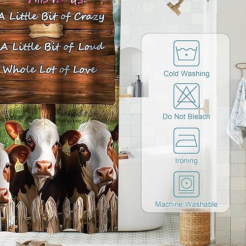 Miniatura 4 de Final Friday Juego de cortinas de ducha de tela rústica con diseño abstracto de animales y vacas, decoración de baño con ganchos, impermeable,