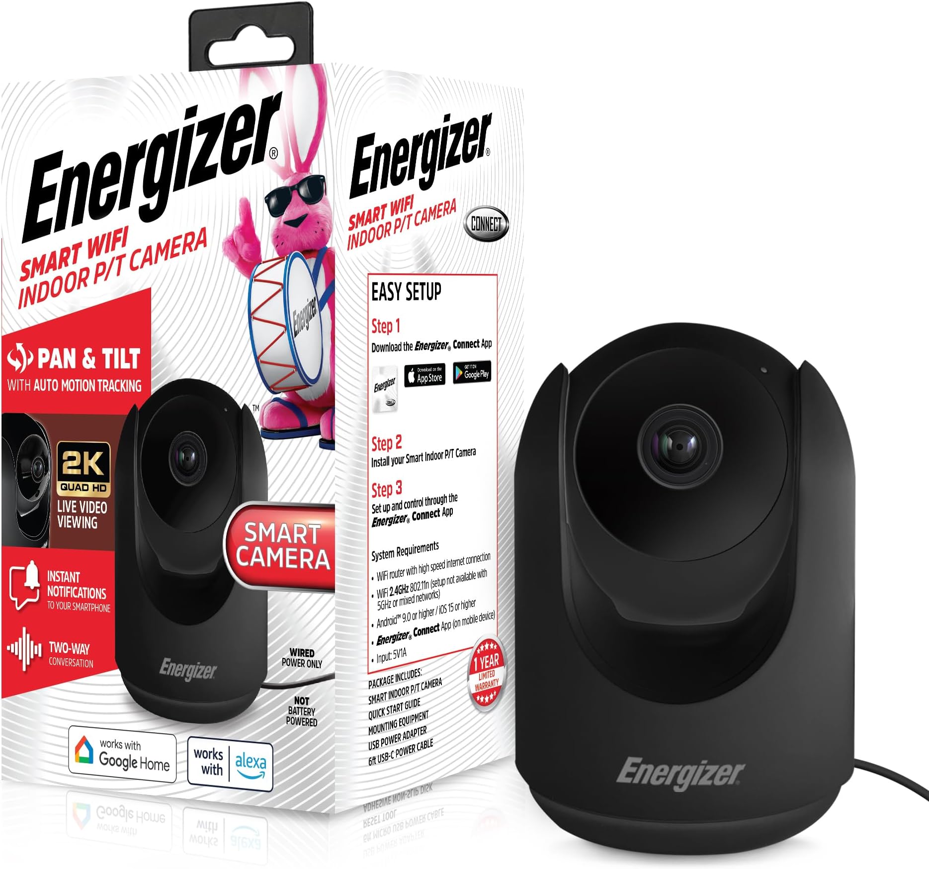 Smart 2K Indoor Pan & Tilt Wired Camera, Motion Tracking, Two-Way Audio, Night Vision, Instant Notifications, Recording, App, Hub-Free Wi-Fi Connection, Compatible with Alexa & Google Home