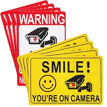 8 Pcs 24 Hour Video Surveillance Sticker Reflective Sticker Decal Self Adhesive Video Surveillance Sign Outdoor Smile Camera Sign for Indoor Outdoor Use (Yellow, Red White,Classic Style)