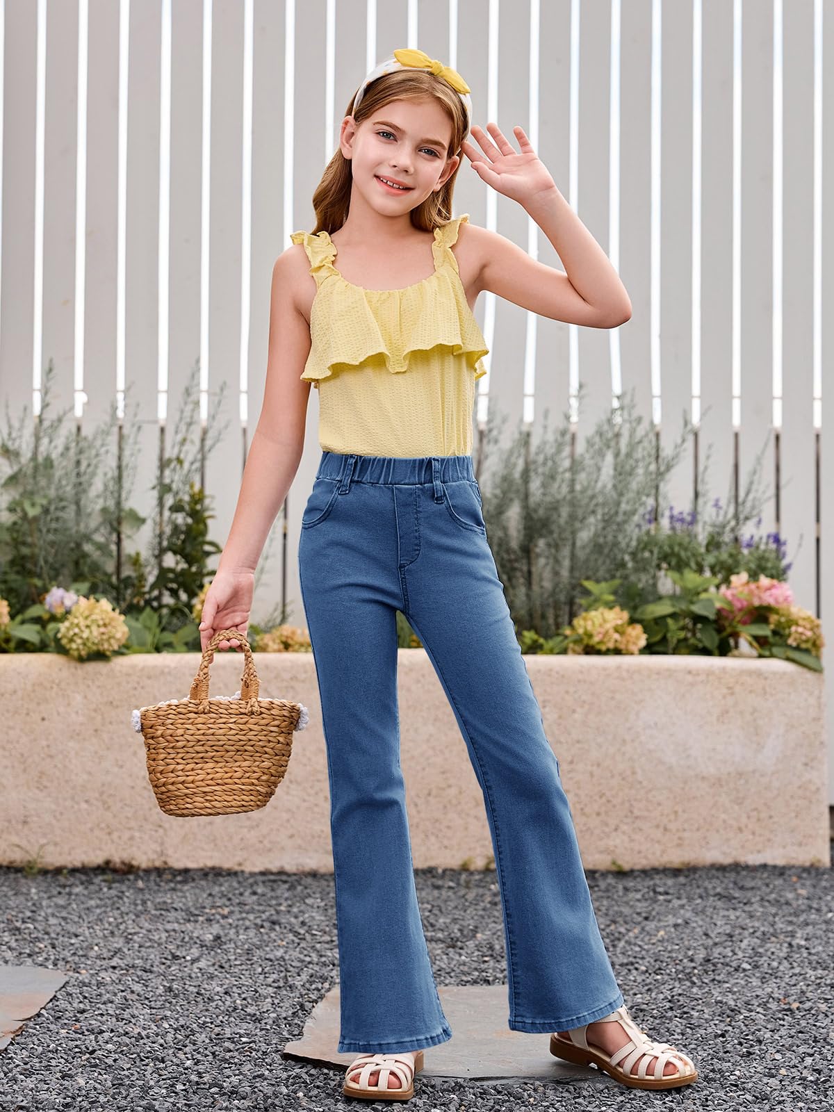 Haloumoning Jeans acampanados para niñas, pantalones de mezclilla elásticos