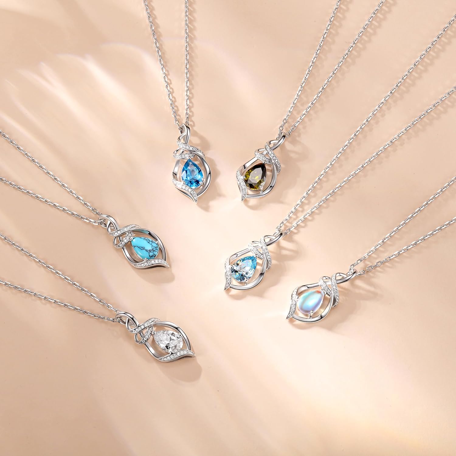 FANCIME Teardrop Gemstone Necklace for Women S925 Sterling Silver Elegant Ribbon Pendent Birthday Gifts for Her, 16"+2" Inches - Image 5