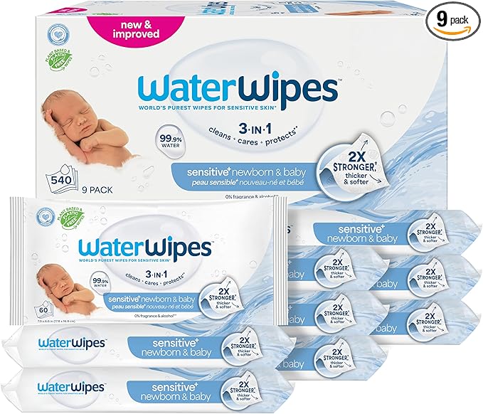 WaterWipes Sensitive+ Newborn & Baby Wipes, 3-In-1 Cleans, Cares, Protects, 99.9% Water, Unscented & Hypoallergenic, 540 Count (9 Packs)