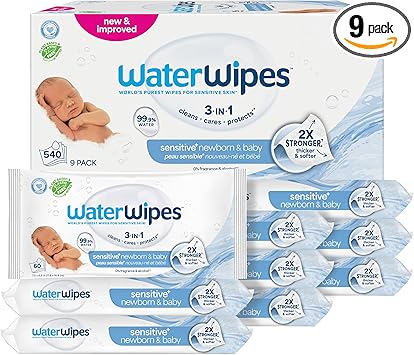 WaterWipes Sensitive+ Newborn & Baby Wipes, 3-In-1 Cleans, Cares, Protects, 99.9% Water, Unscented & Hypoallergenic, 540 Count (9 Packs)