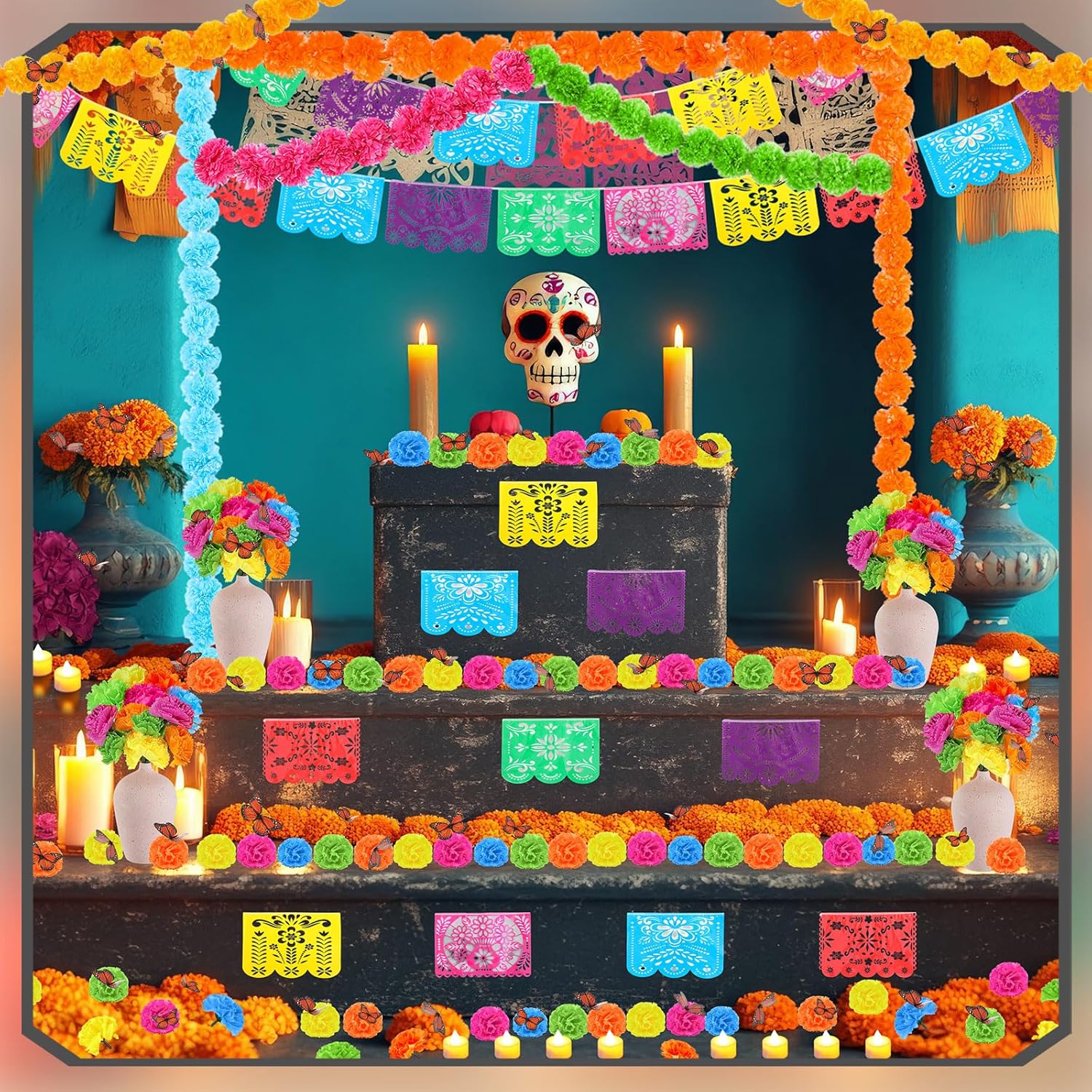 Syhood 80 Pcs Day of The Dead Decorations Dia De Los Muertos Decorations 30 Marigold Flowers Head 5 Artificial Marigold Garland 24 Banners 9 Monarch Butterfly 12 Led Candles Halloween Diwali Decor
