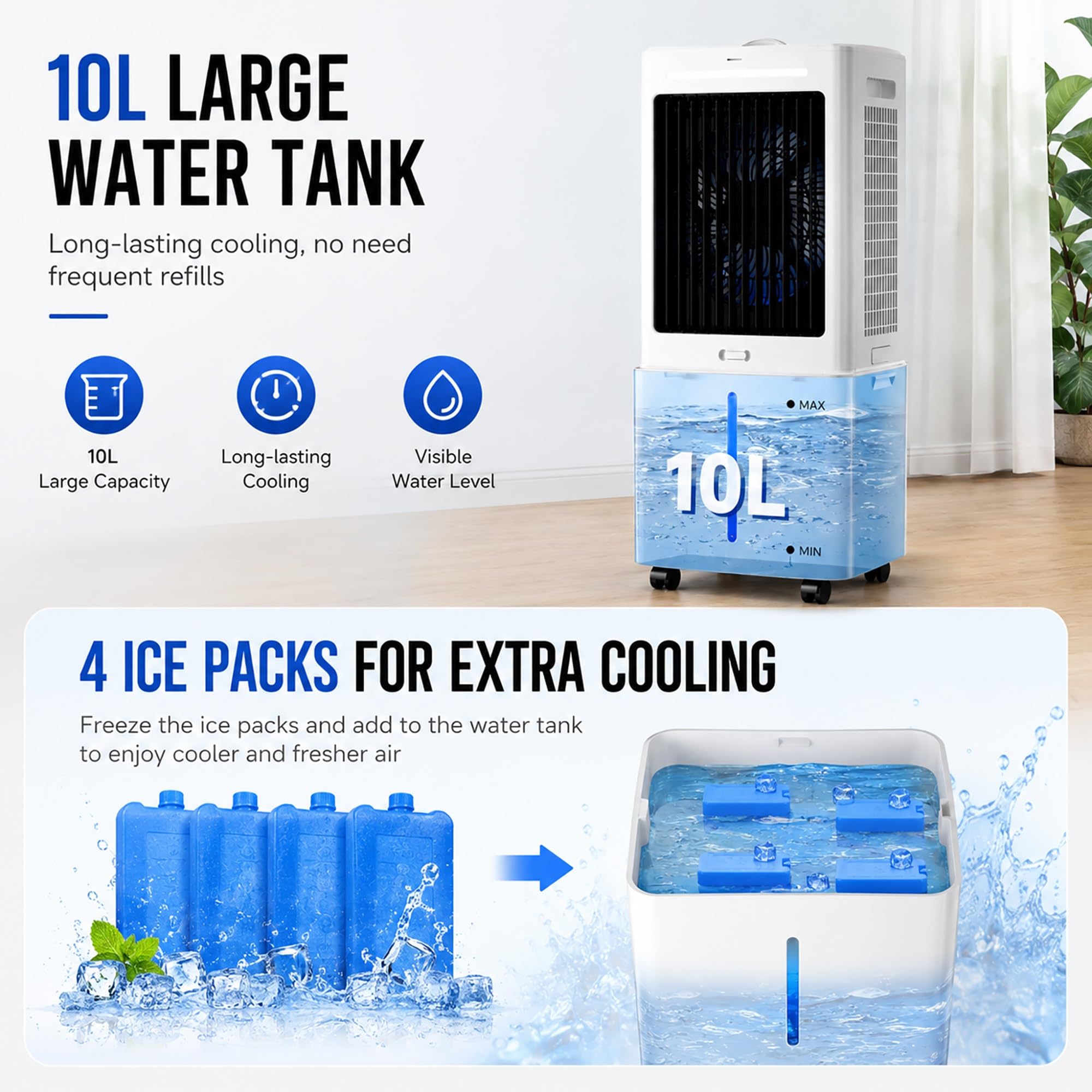 Climatizzatore Portatile 12L/25L, Raffrescatore d'Aria Smontabile 75W con 3 Velocità, Oscillazione 120°, Condizionatore Silenzioso con 8 Ghiaccioli Refrigeranti per Camera, Ufficio