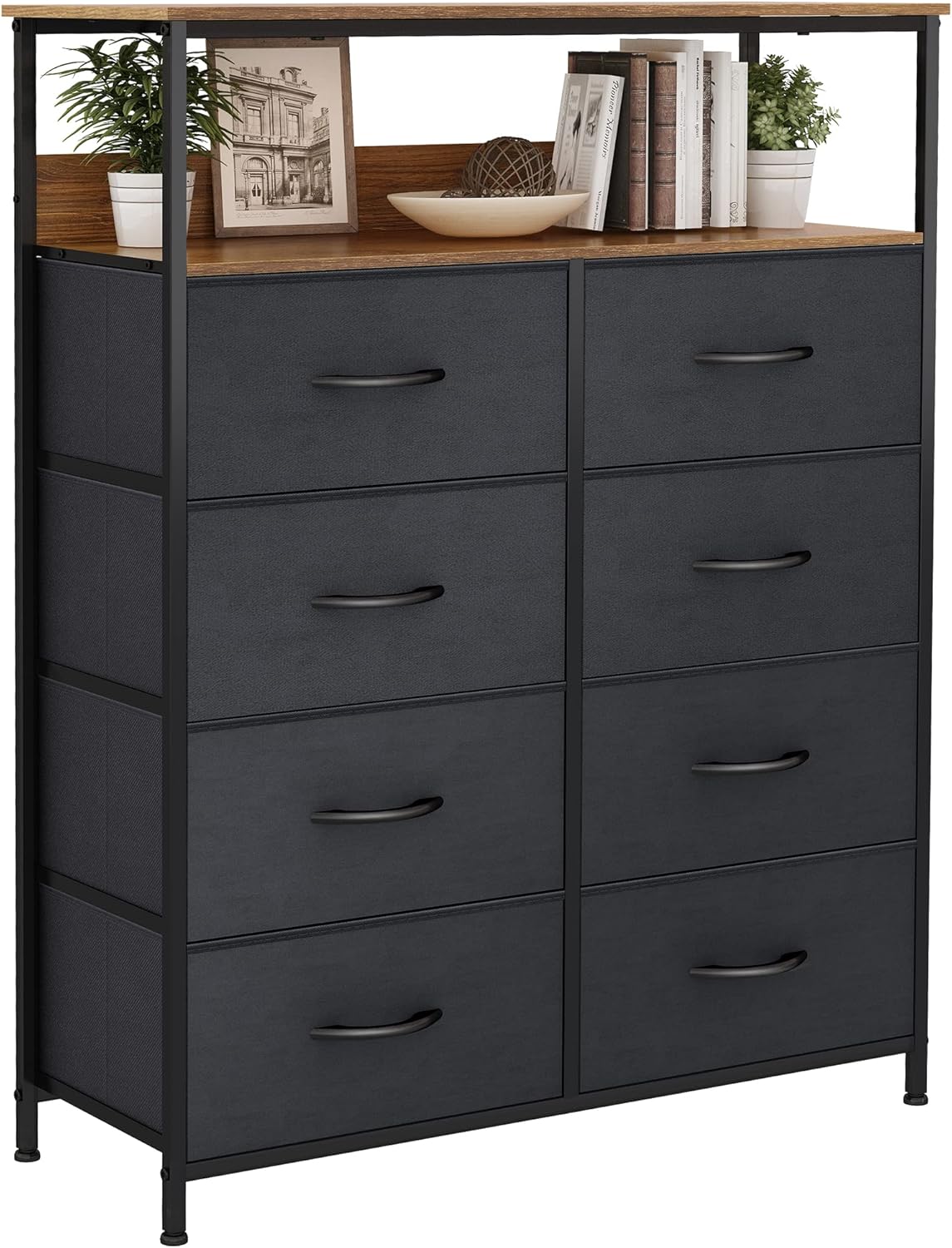 WARMLOVE Organizador de cómoda con 8 cajones y estante superior de madera contenedores de tela y marco de acero resistente diseño de fácil tirar