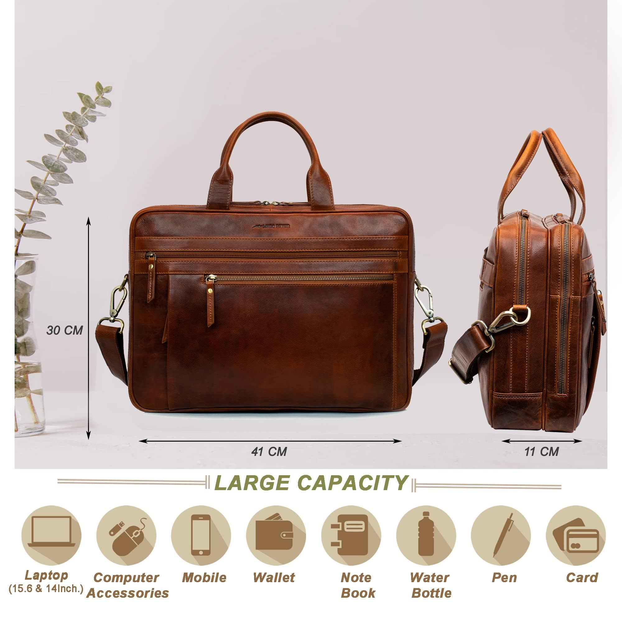 Marc Peter Bolso bandolera de piel para ordenador portátil de 15,6 pulgadas, maletín para ordenador portátil, para hombre y mujer, Bronceado, Mittelgroß