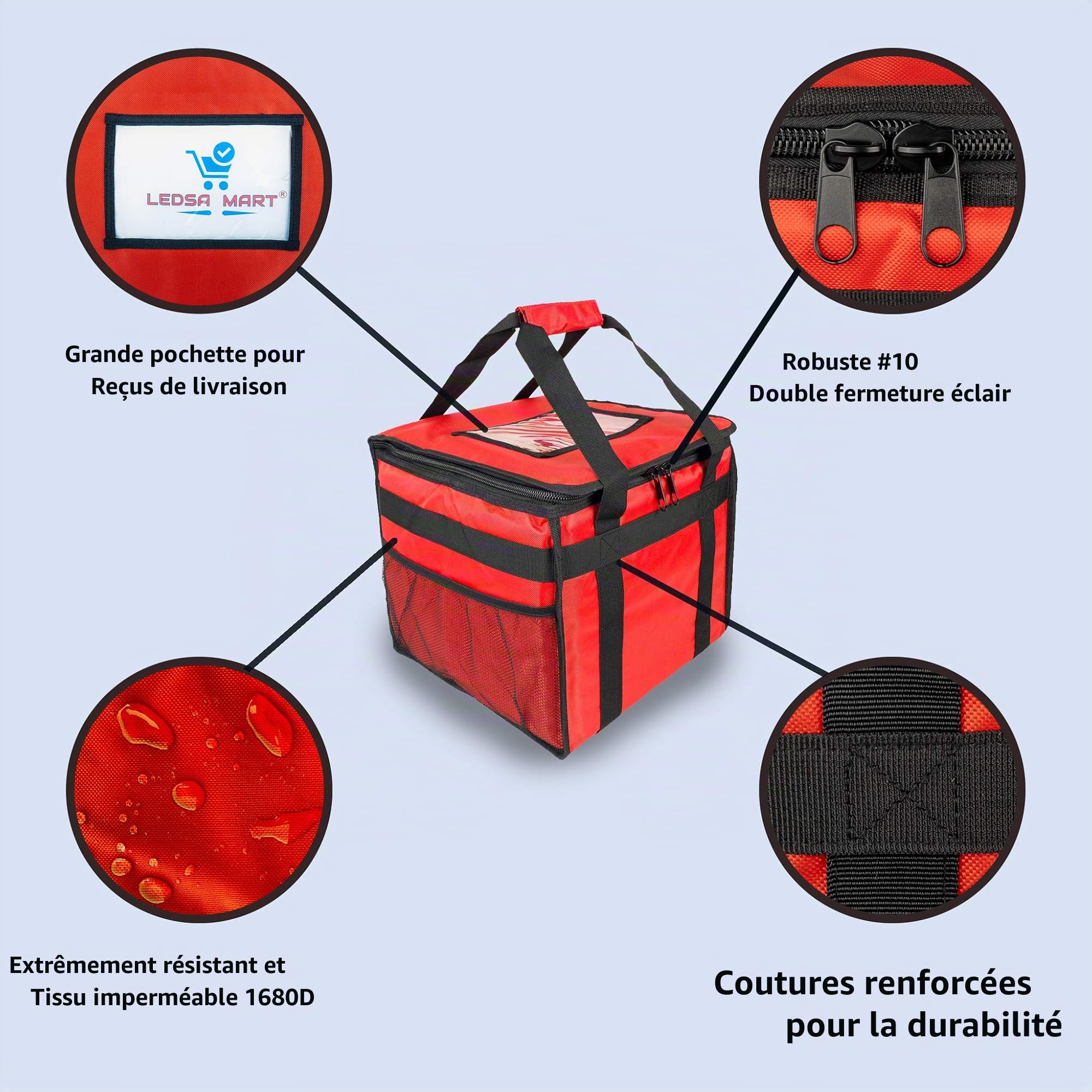 Sac de nourriture chaude pour pizza, repas à emporter, restaurant, pique-nique, indien, chinois, Kebabs, traiteur, sac de livraison, isotherme 45 x 45 x 35 cm HFB70L - Rouge