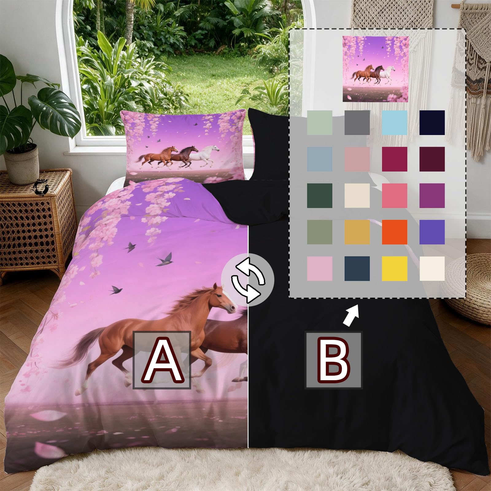 Bettwäsche 155x220 Pferde, Winter Weiche Mikrofaser 3D Kirschblüten Wendebettwäsche Set, Bettzeug mit 2 Kissenbezug, Bettwäsche Set Für Erwachsene