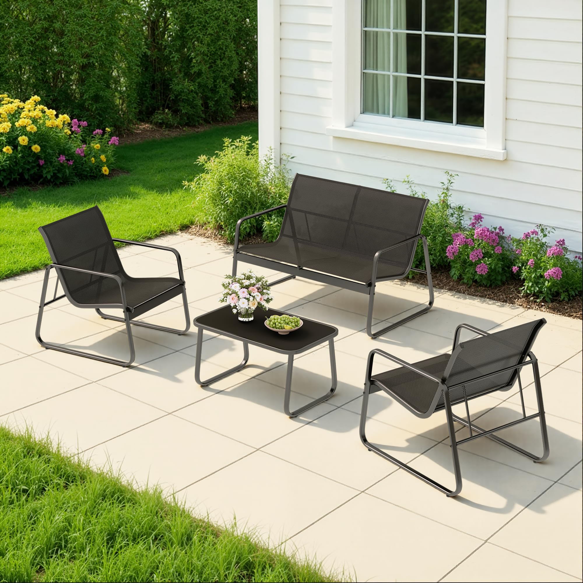 Conjunto de Jardín de 4 Piezas, con 3 Sillones y Mesa de Cristal, Muebles de Exterior para Patio, para Todas Las Estaciones, Terraza, Jardín, Balcón y Exteriores, Negro (Ensemble de 4 pièces)