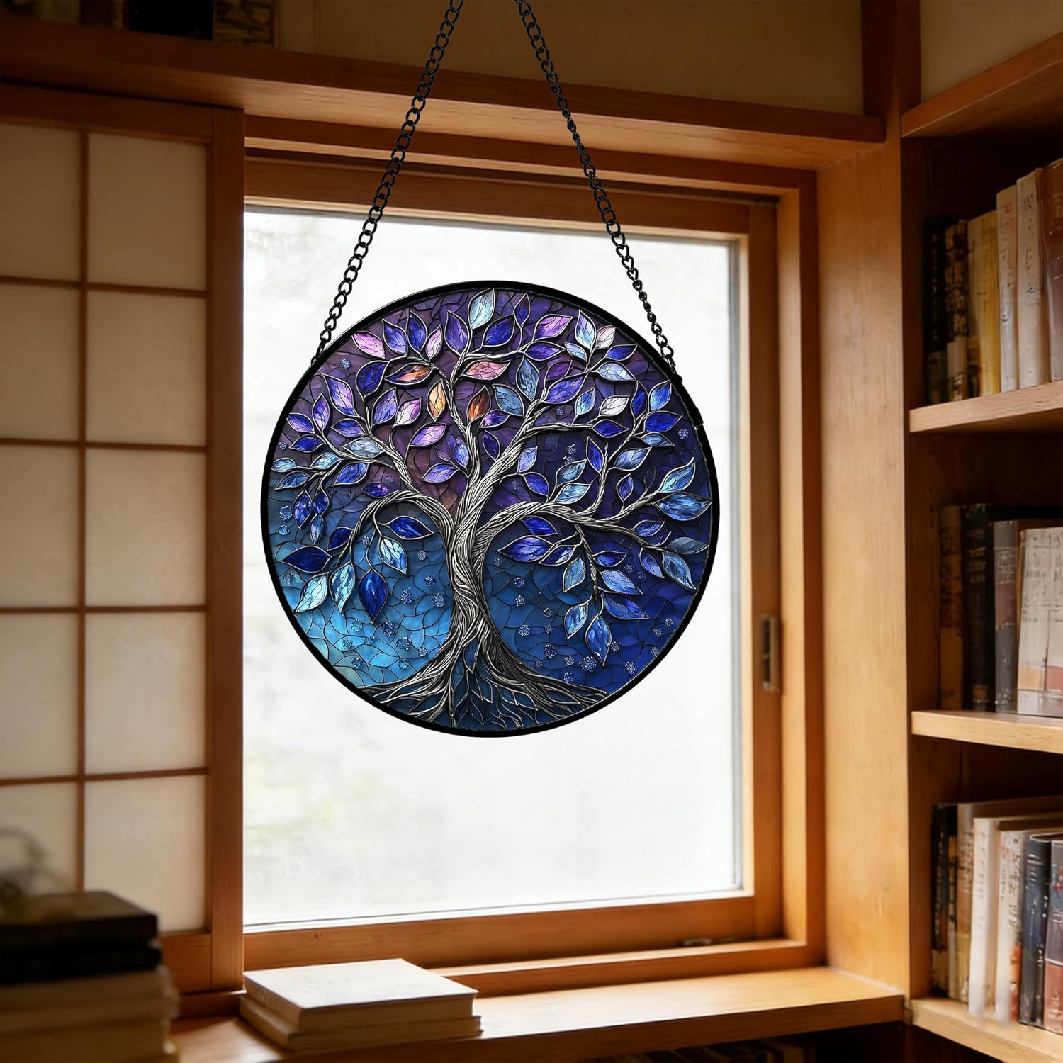 Stained Glass Window Hanging, Blue Purple Tree of Life Sun Catchers Colorful Glass Panel Plants Suncatcher Decor for Birthday for Women,Men,Wife, Lovers, and Mom 14.9x14.9 in