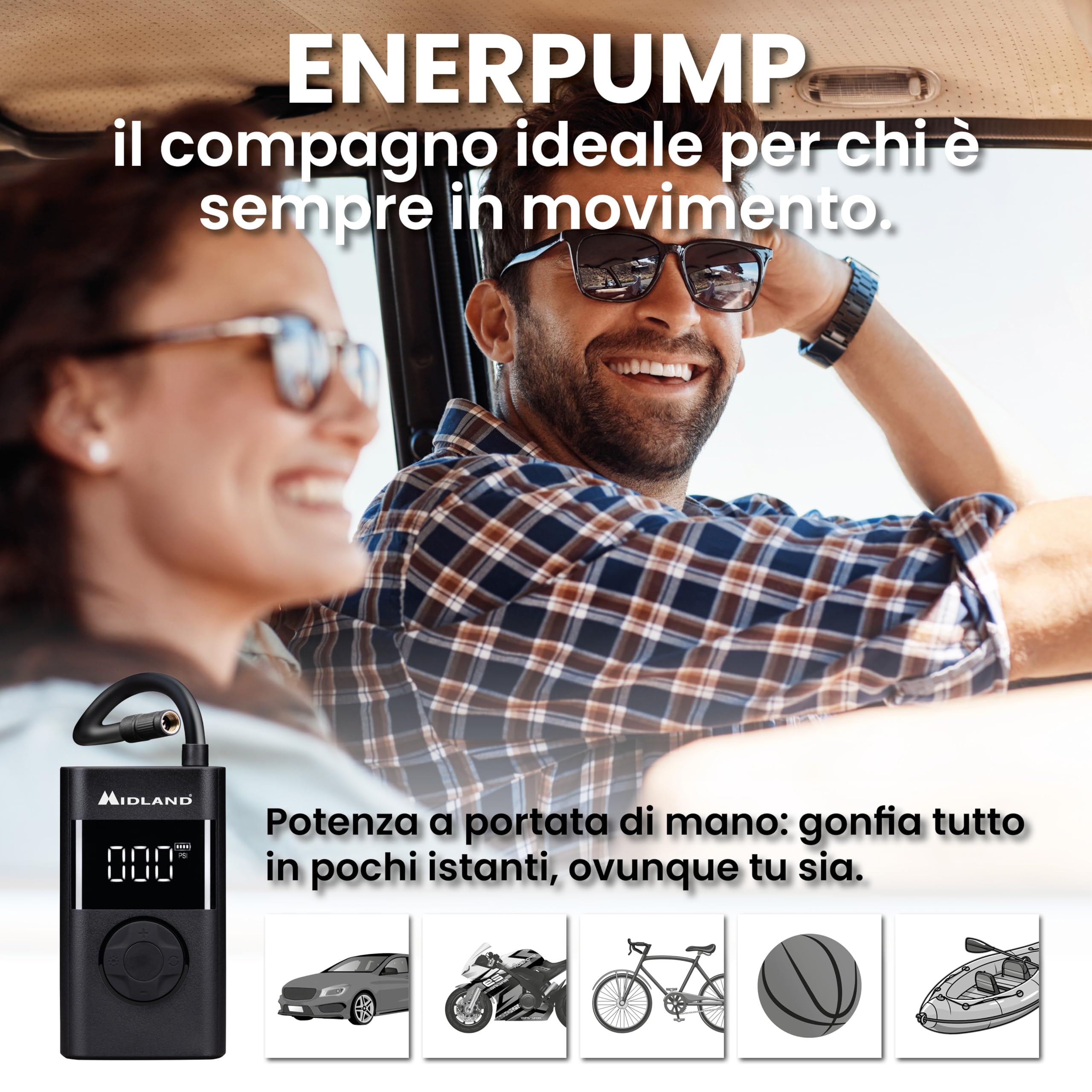 Midland - ENERPUMP | Compressore d'aria portatile 150 PSI/10 Bar, Batteria 4000 mAh+Batteria esterna, Gonfiaggio rapido Moto, Bicicletta, Auto, Palloncini, Materasso