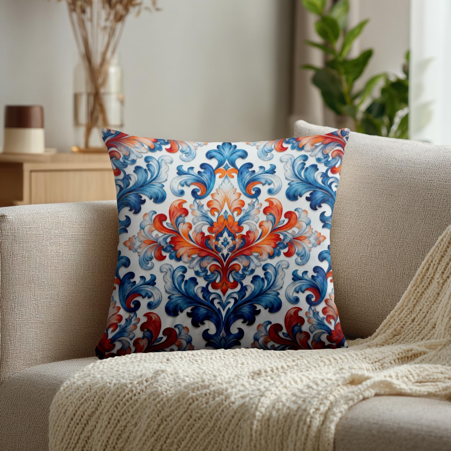 Orange Pillow Covers, Blue Orange Ornamental Seamless Pattern Vintage Paisley Square 20 x 20 Inches Decorative Throw Pillow Covers Cotton Cushion for Sofa Bedroom Car, Blue 01, Set of 2
