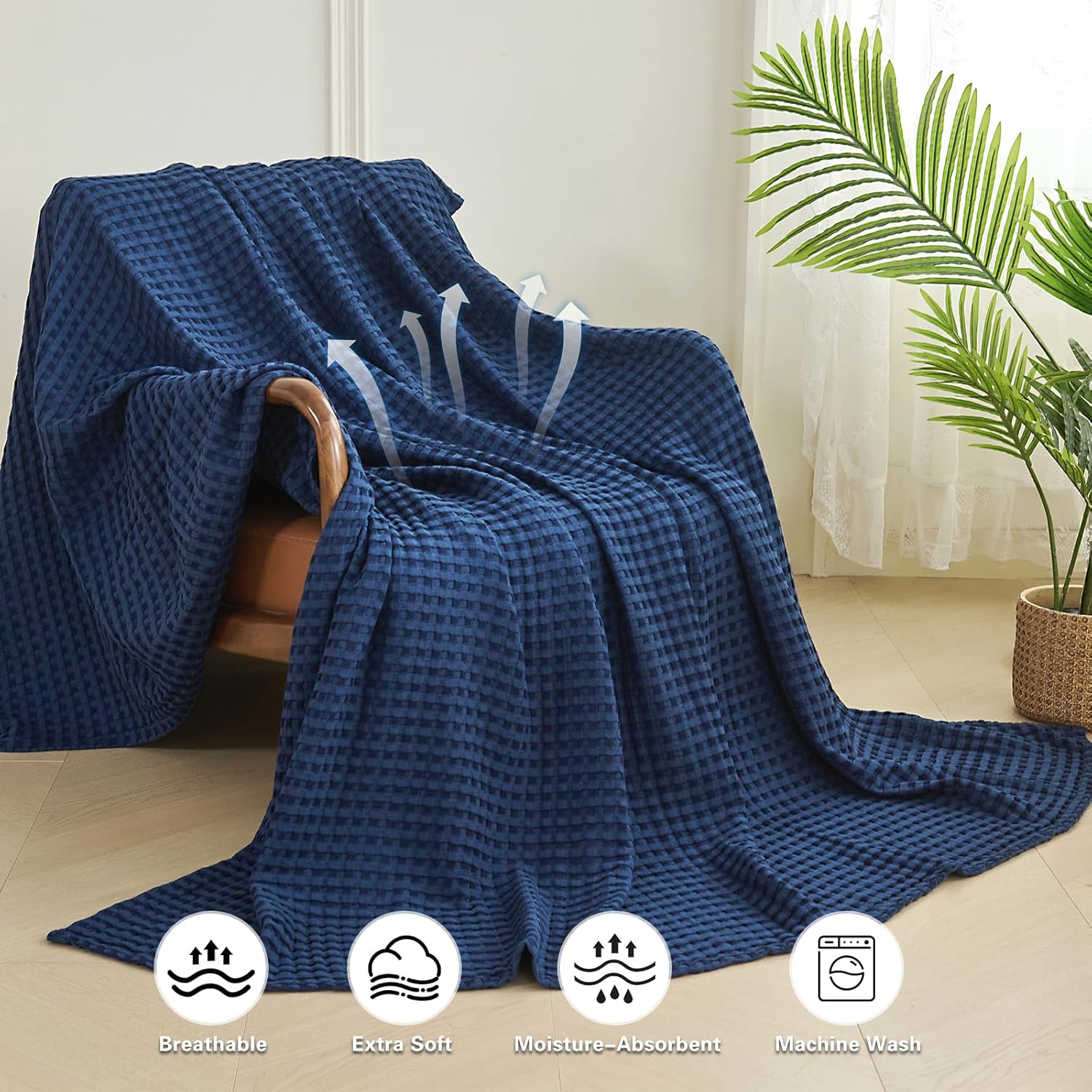Aganear Waffle Blanket - Lightweight Breathable Summer Blanket of 50% Cotton and 50% Rayon Derived from Bamboo for Hot Sleepers Luxury Throws for Bed, Couch and Sofa,Navy,90x90 Inches - Image 4