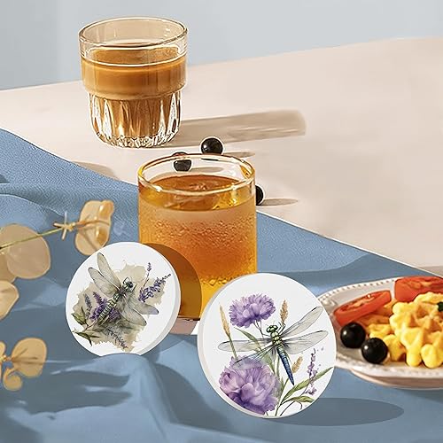Miniatura 7 de Juego de 6 posavasos para bebidas, diseño de libélula y flores, redondo, de cerámica, con base de corcho, tapete de protección de mesa para tazas y