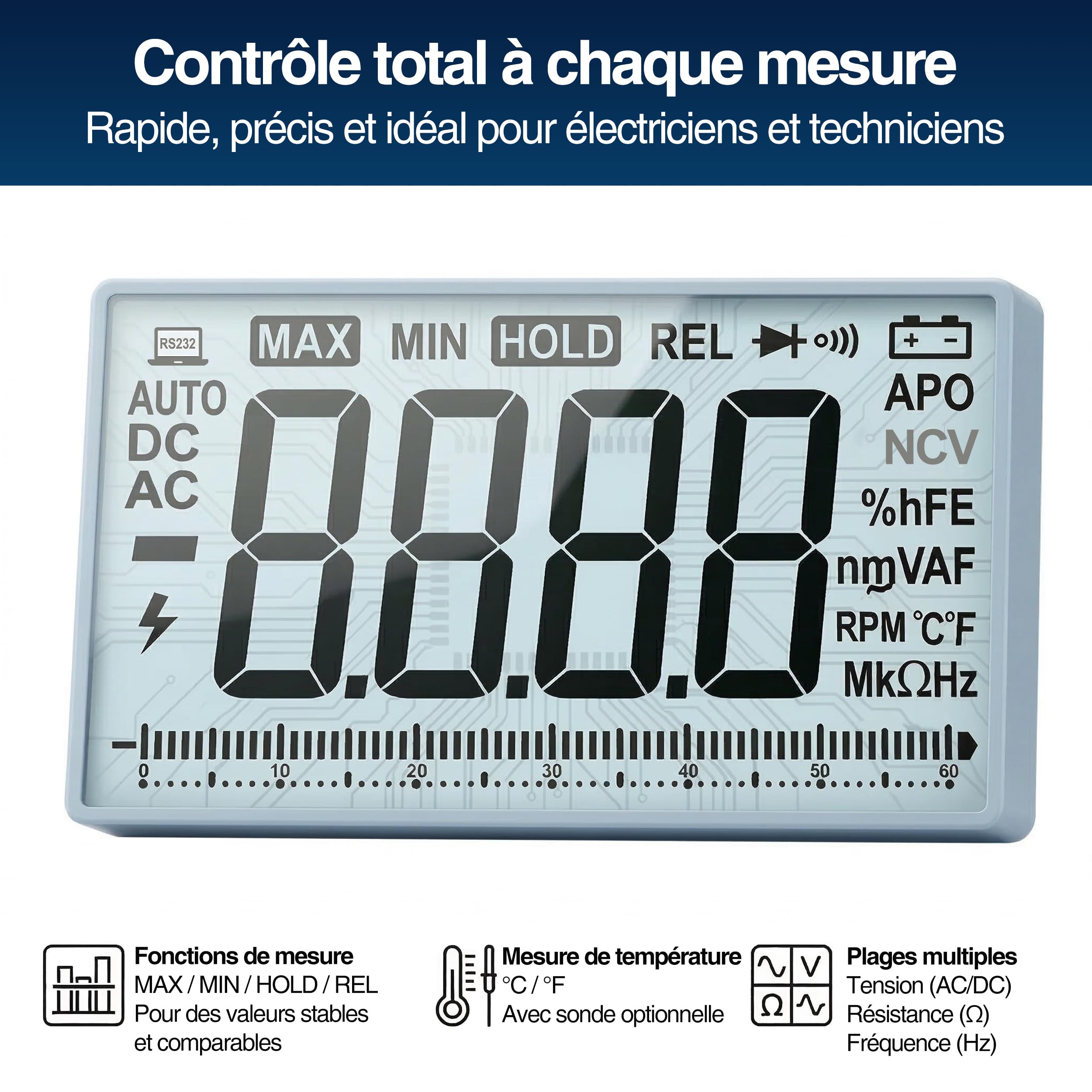 PeakTech® 2025 A Multimètre numérique True RMS ~ 6.000 points ~ 1000V AC/DC ~ 10A AC/DC ~ Auto-Range