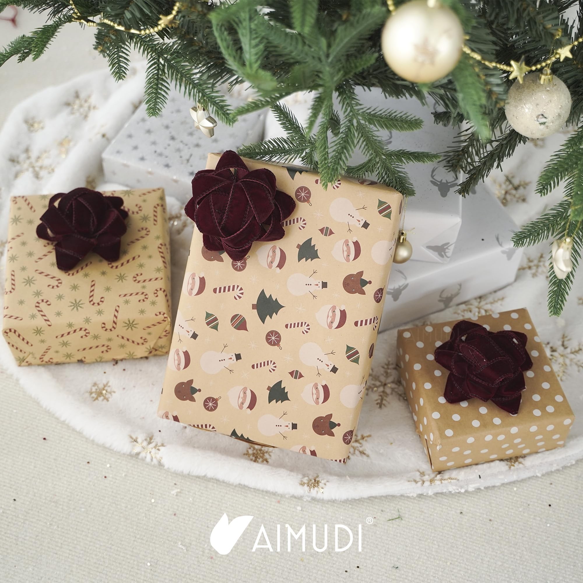 AIMUDI Geschenkschleifen aus Samt mit Draht, 11,4 cm, Weihnachtsschleifen für Geschenkverpackungen, selbstklebende Geschenkpapierschleifen für Party, Urlaub, Weihnachtsdekoration, 6 Stück