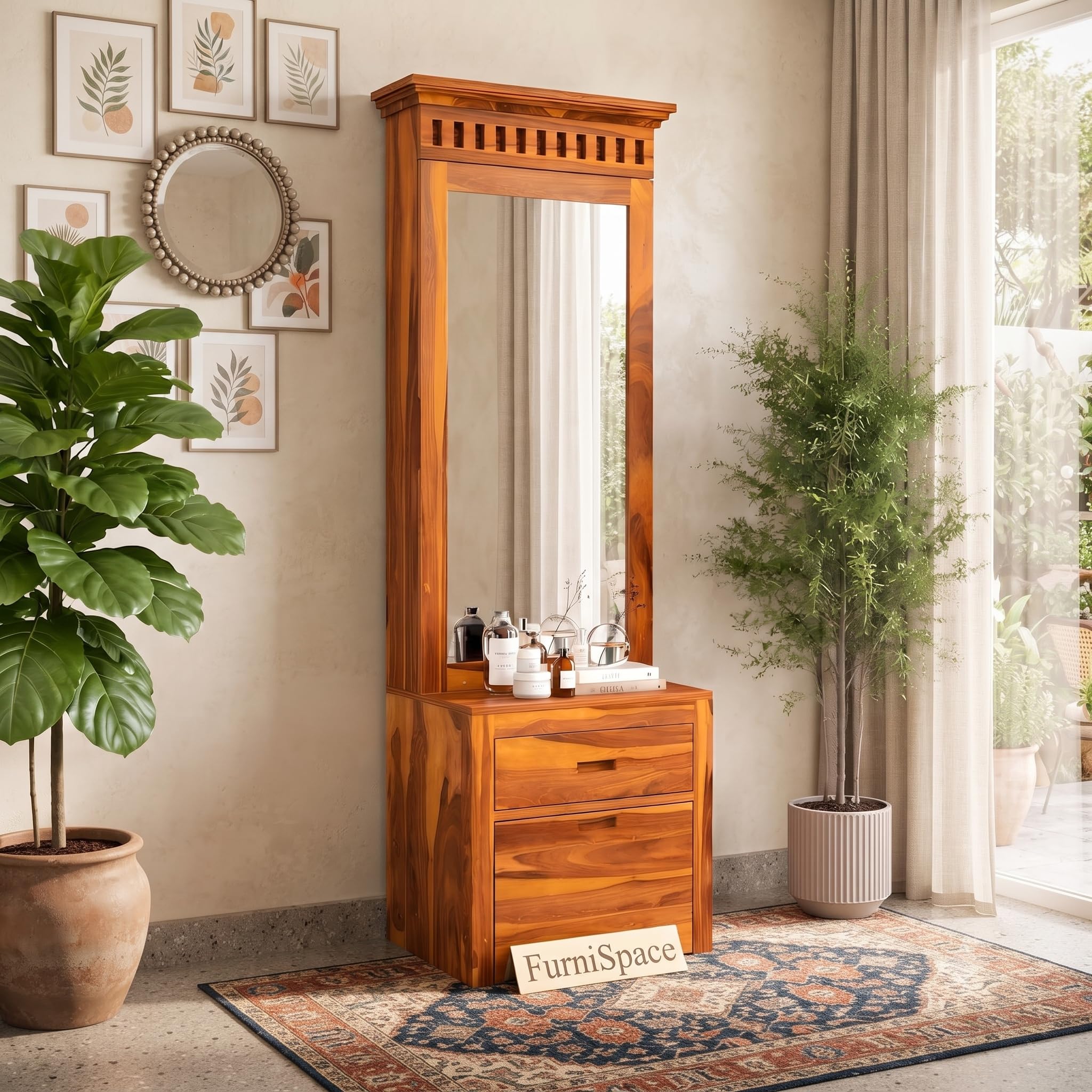 Sheesham Wood DressingTable with Mirror and Storage Premium Vanity Table Luxury Modern Dressing Table Design (Honey)-image-49