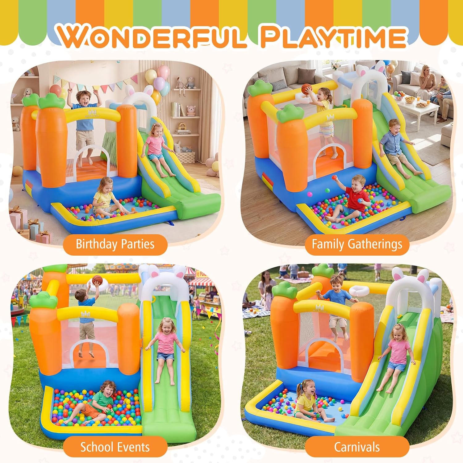 BOUNTECH Inflatable Bounce House with Ball Pit, Rabbit Indoor Bouncy House for Kids 3-12 w/Large Jumping Area, Basketball Hoop, Bounce House with Slide for Outdoor Toddler Backyard Party Gifts