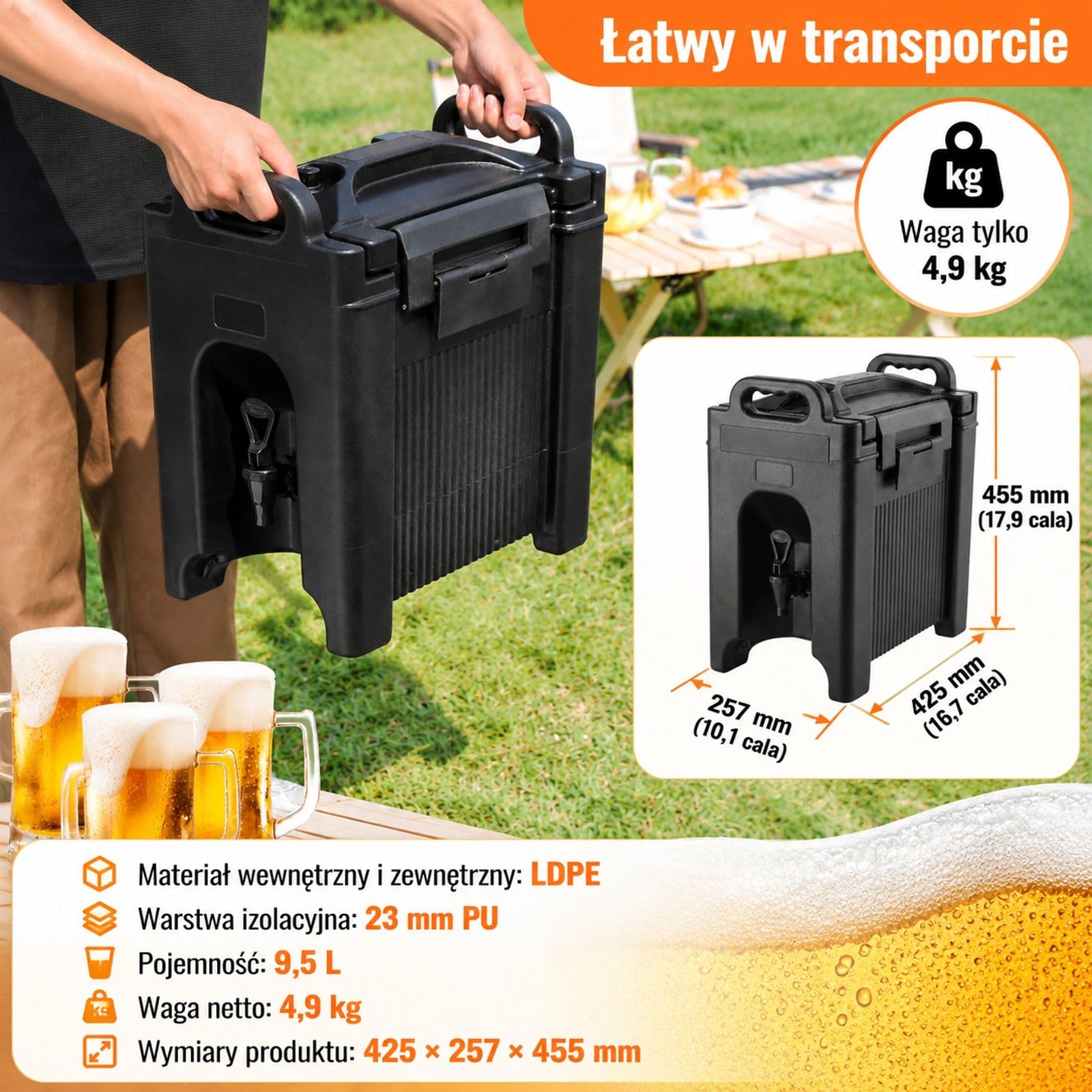 Dozownik napojów 9,5 l LDPE z kranikiem, do gorącej i zimnej kawy, mleka, wody, soku, dzbanek izolowany dla 1-2 osób