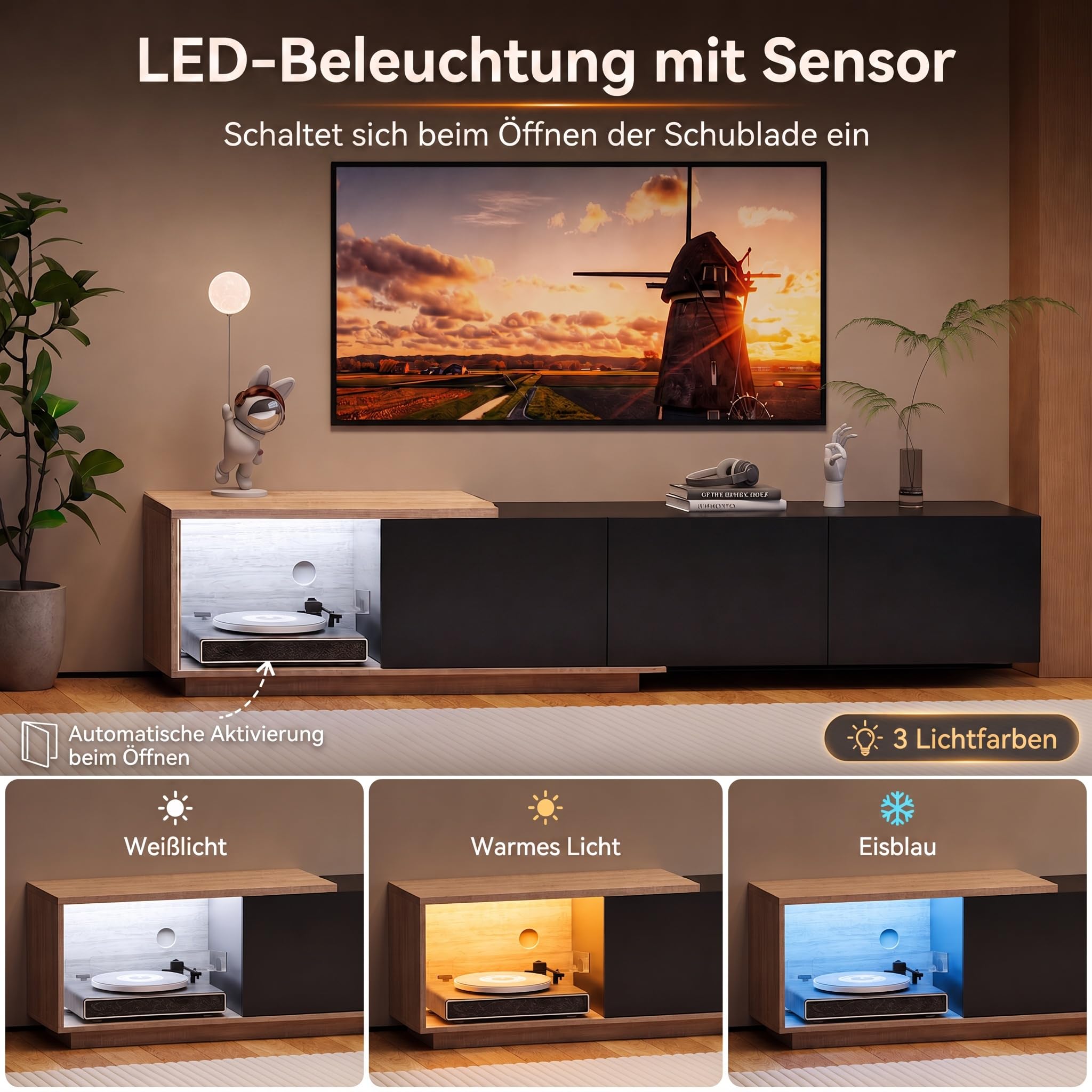 TV-Schrank Lowboard 163cm-240 cm mit Beleuchtung, Fernsehtisch, Fernsehschrank mit 3 Schublade, Ausziehbarer TV-Ständer, Wohnzimmermöbel,Hochglanz Schwarz und Natur Holzmaserung,240x38x44cm
