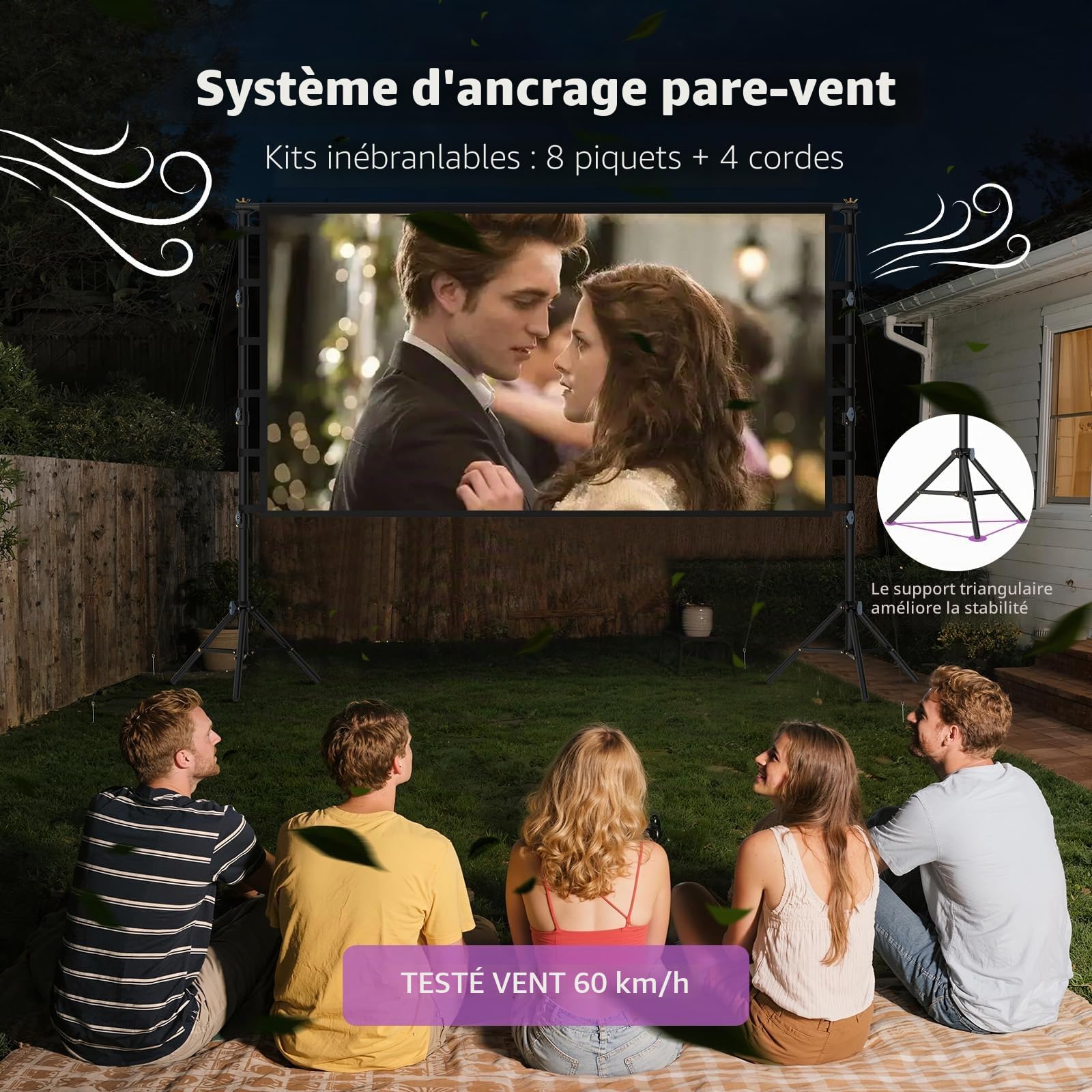 Écran de projection LEORFI avec trépied - 120" - Portable - Avec sac de transport - Intérieur HD 16:9 - Avant arrière - Hauteur réglable - Pour camping et home cinéma