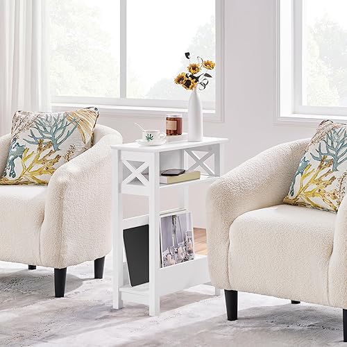 Miniatura 7 de Yaheetech Mesa auxiliar pequeña con estante de almacenamiento, mesa auxiliar delgada en forma de X de 3 niveles con revistero, sala de estar,