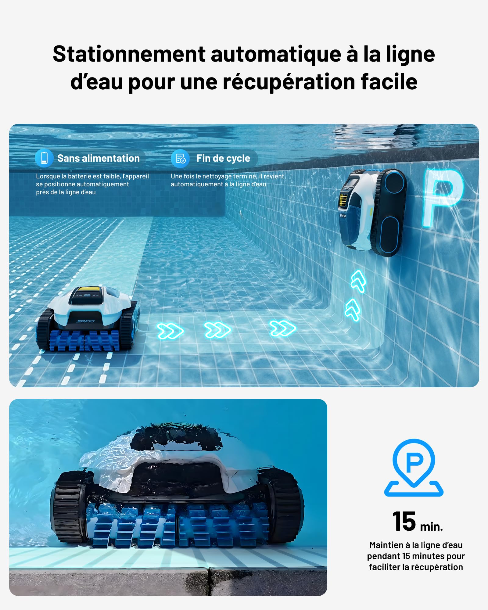 SPINO E1 Robot Piscine Fond et Parois, Ligne d'eau | Autonomie de 210 Min, 21950 LPH Max, 5 Modes, Navigation Trajet SmartArc, Contrôle par App, pour Piscines 150㎡