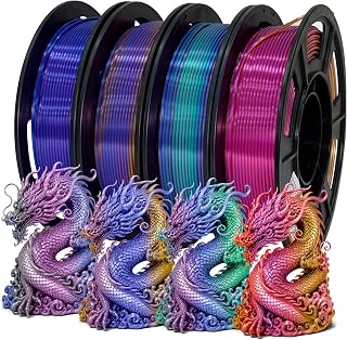 Seiden PLA+ 3D Druckfilament Set-Glänzendes Dreifarbiges Filament 1,75 mm, Hochglänzendes Mehrfarbig Wechselndes 3D-Druckfilament, Kompatibel mit den meisten FDM 3D-Druckern, 4 Spulen à 250g