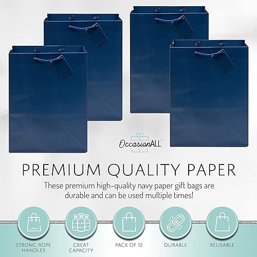 Miniatura 5 de Bolsas de regalo azules  Paquete de 12 bolsas de regalo grandes de papel azul marino con asas de cuerda, bolsas de papel de color sólido de