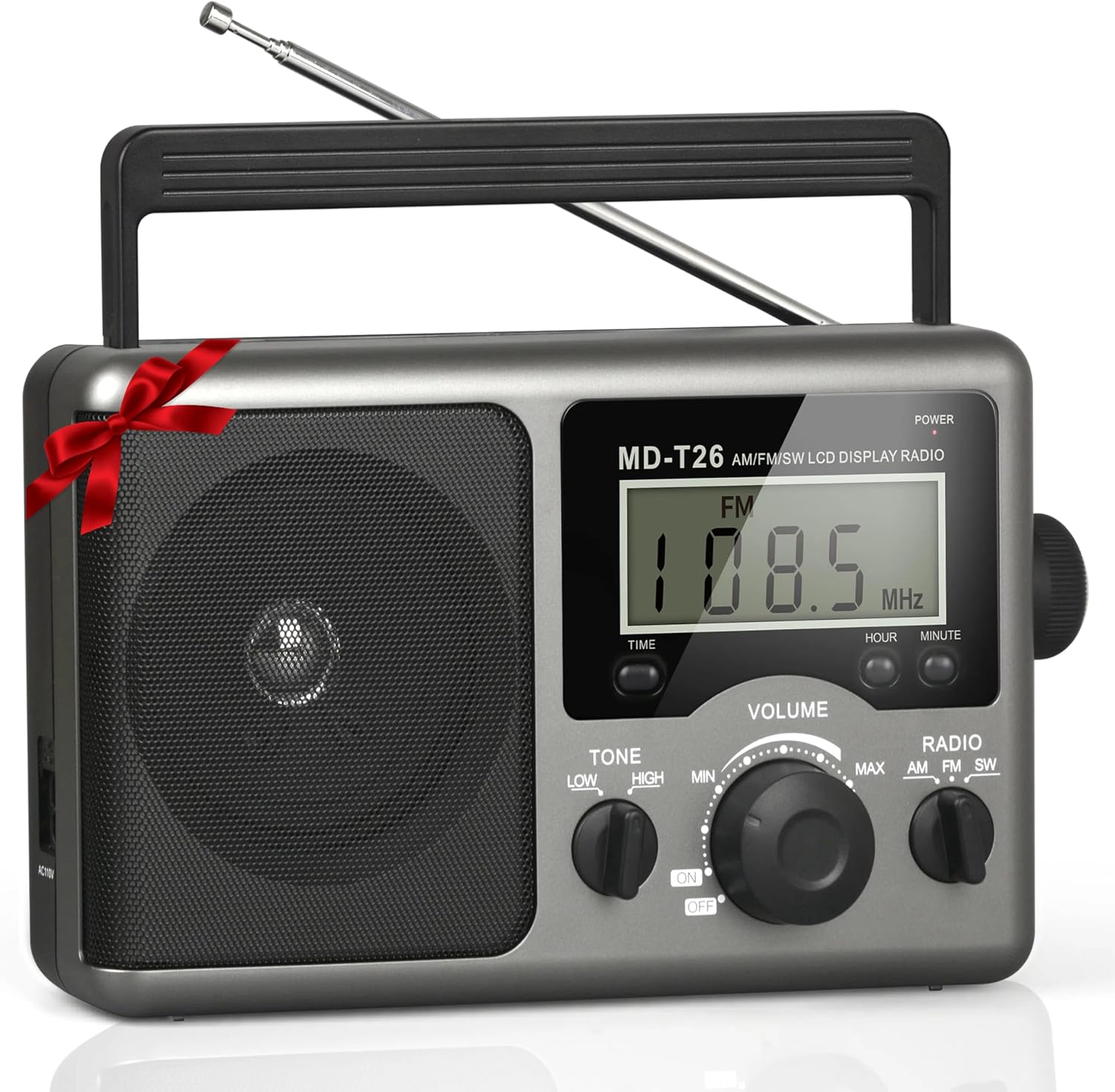 Portable AM FM Shortwave Radio,Battery Operated Radio by 4D Cell Batteries or AC Power Transistor Radio with LCD Display,Time Setting,3.5mm Earphone Jack,Big Speaker,High/Low Tone for Home,Gift