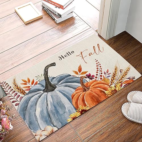 Miniatura 174 de Alfombras y tapetes de cocina Hello Fall, 2 unidades, color azul, naranja, calabaza, hoja de arce, pájaros, alfombras antideslizantes con pasillo
