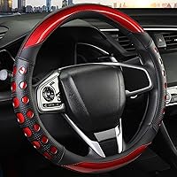QCYP PU Leather Anti-Slip Steering Wheel Cover, Universal 14.5-15" Fit for Cars Trucks SUVs, Breathable Grip Red
