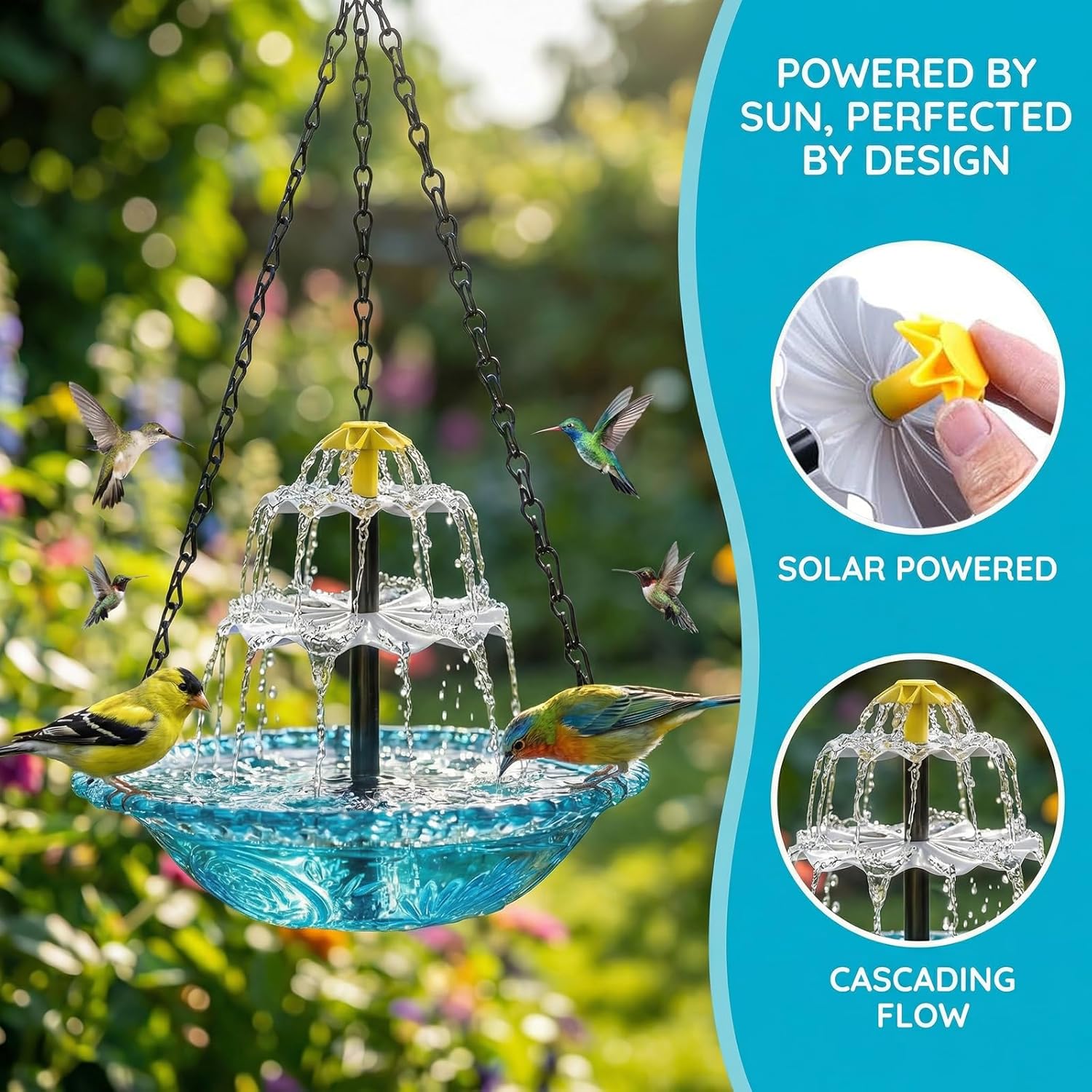 Hanging Solar Bird Bath Fountain 3 Layers,Solar Cascade Hanging Bird Bath Fountain, Weatherproof & Easy to Maintain Attract Wild Birds to Garden, Patio,Blue