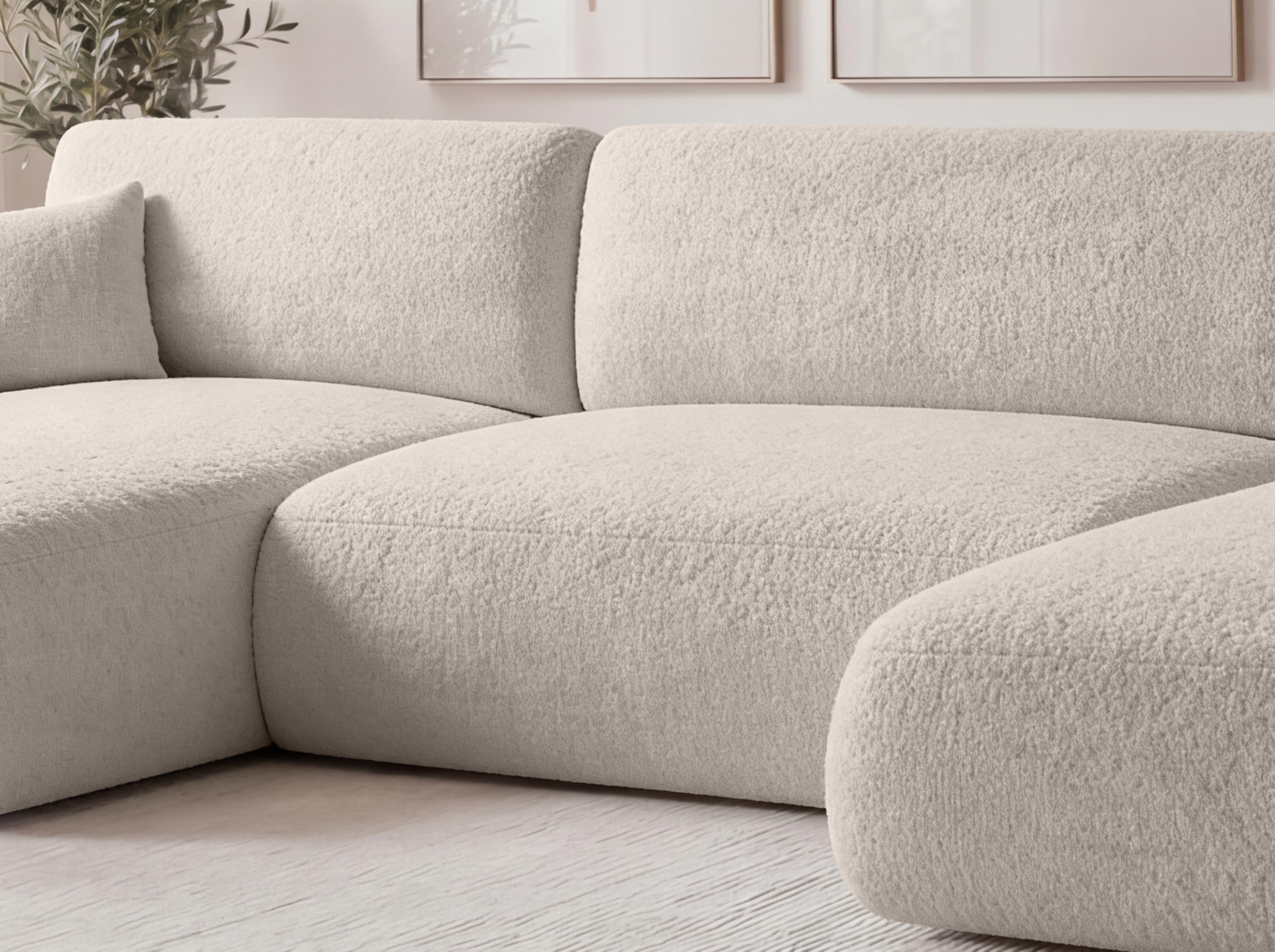 U-Form Wohnlandschaft mit Schlaffunktion 360x175 cm Bouclé Beige – Großes Schlafsofa mit Bettkasten, Moderne Couch mit Stauraum Pierr (Anthology 1)