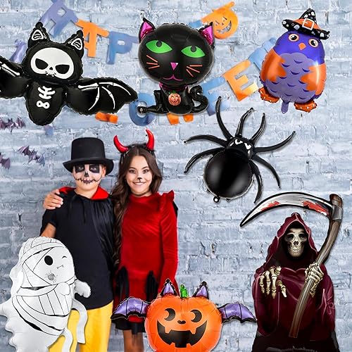 Miniatura 3 de Juego de 9 globos de Feliz Halloween, fantasma, araña, murciélago, calabaza, gato negro, globos de aluminio para decoraciones de fiesta de Halloween