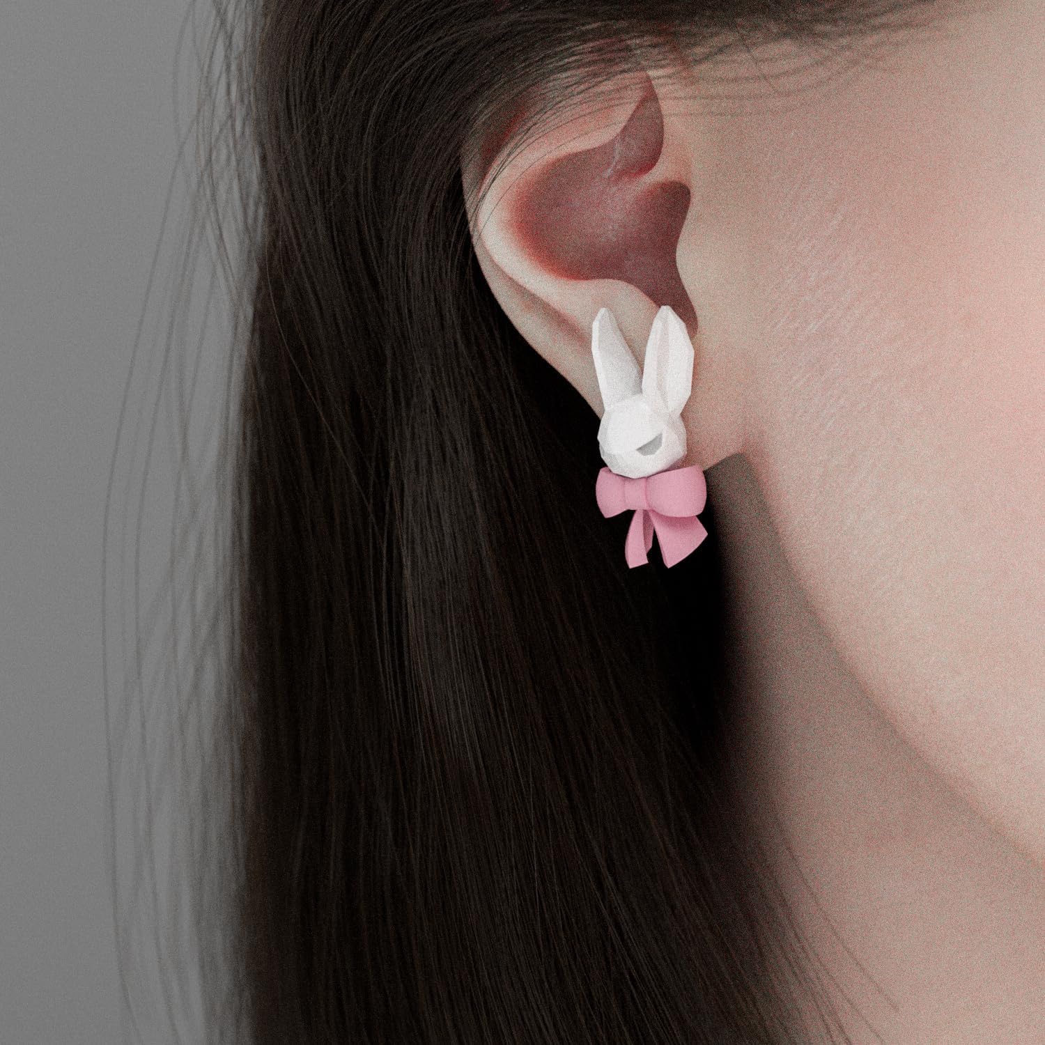 Bunny Rabbit Stud Earrings with Pink Bow, 925 Sterling Silver Needle, Designer-Inspired Jewelry Gift for Women - Image 3