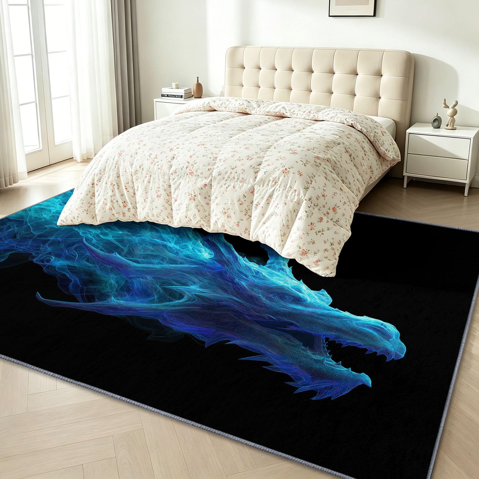 Tapis de Salon 160 x 230 cm, Dragon Fumée Verte Enfants Antidérapant Tapis Art Fantastique Poils Ras Doux Lavable Moquette pour Chambre Décoration Intérieure Paillasson Moquette