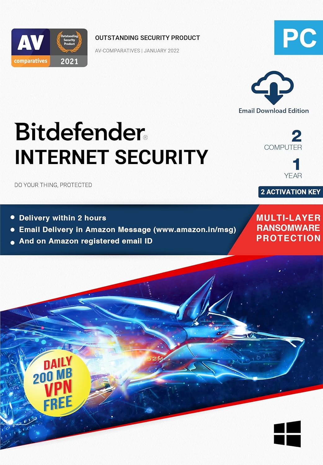 BitDefender Internet Security – 2 User (2 Split Key) 1 Year Latest Version (Windows) (Email Delivery in 2 hours- No CD)