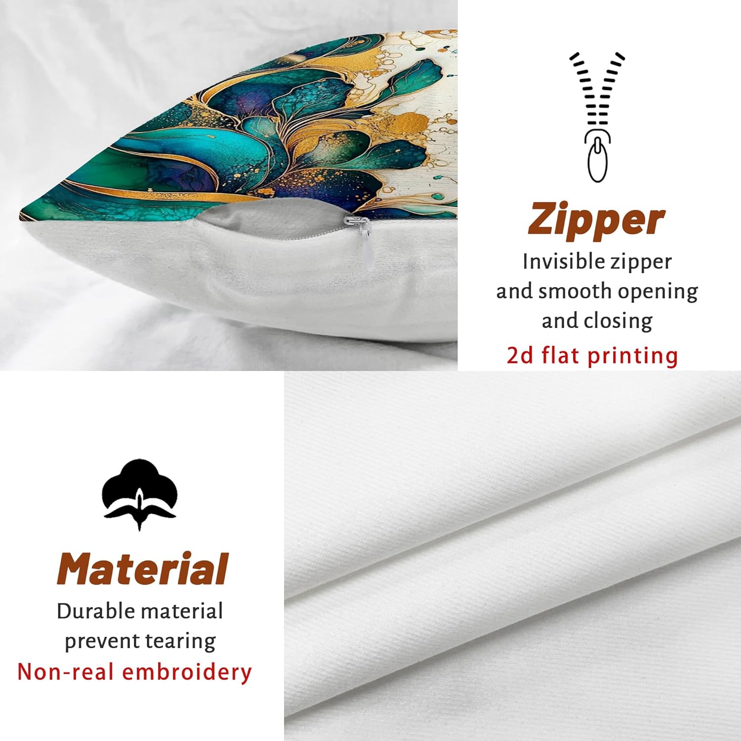 Floral Throw Pillow Covers Set of 2, Teal and Gold Flower Pattern Cushion Cases, Spring Seasonal Home Decorative Square Decor for Sofa Bed Couch 28x28 Inch