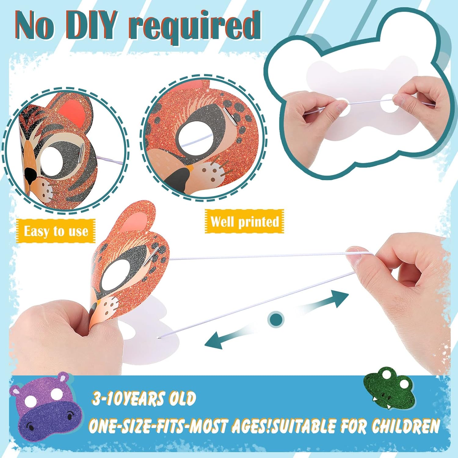 Charniol 48 Pcs Animal Masks for Kids Safari Paper Animal Face Mask Party Favor Jungle Woodland Bulk Birthday Party Toys Zoo Safari Theme Cosplay Dress up Halloween Supplies, 24 Different Designs