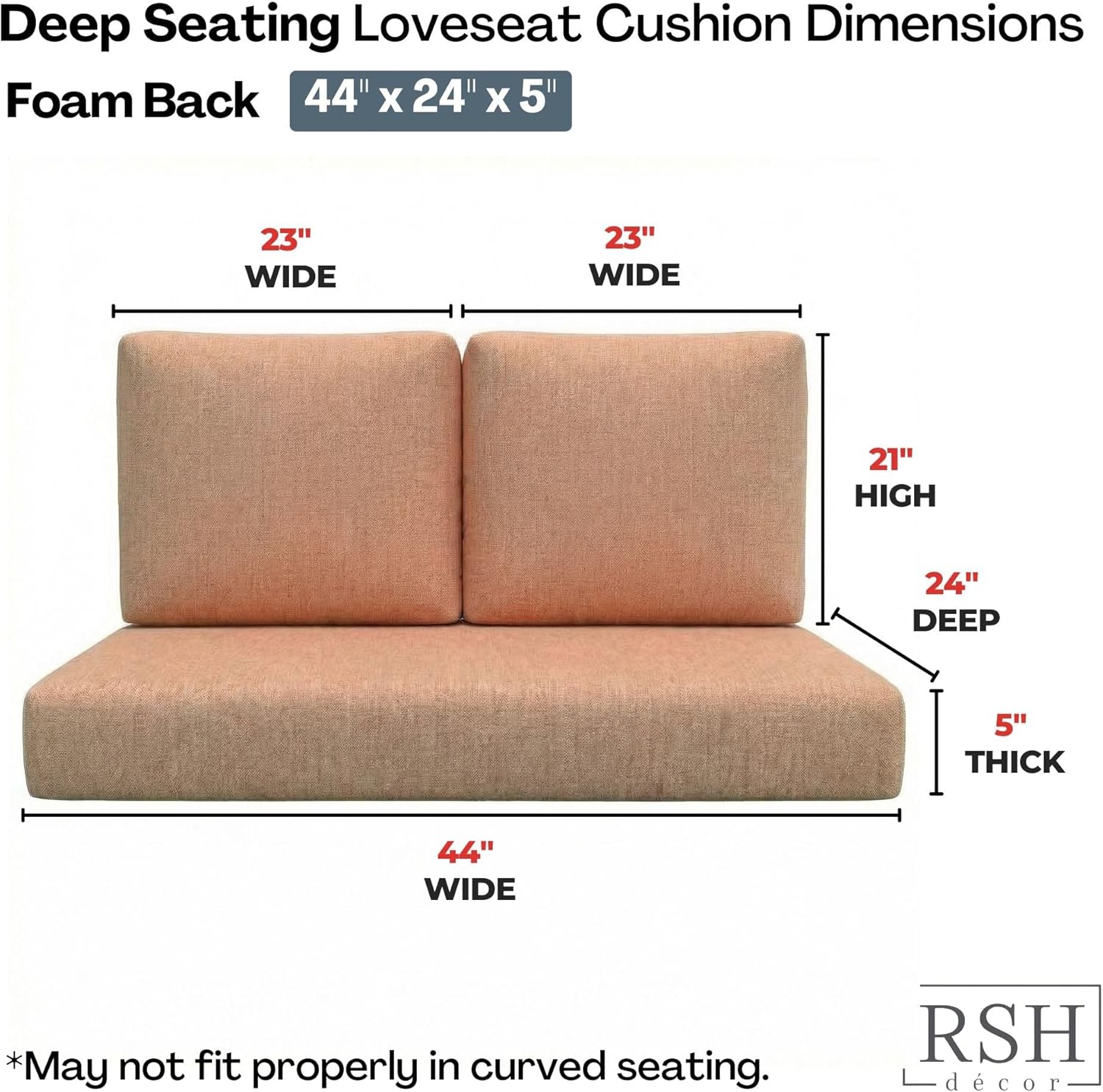 RSH DECOR: Sunbrella Deep Seating Loveseat Cushion Set | 44” x 24” Loveseat | Performance Fabric | Outdoor Foam Settee and Pillow Back Cushions for Patio Furniture | Made in USA (Cast Petal Pink)