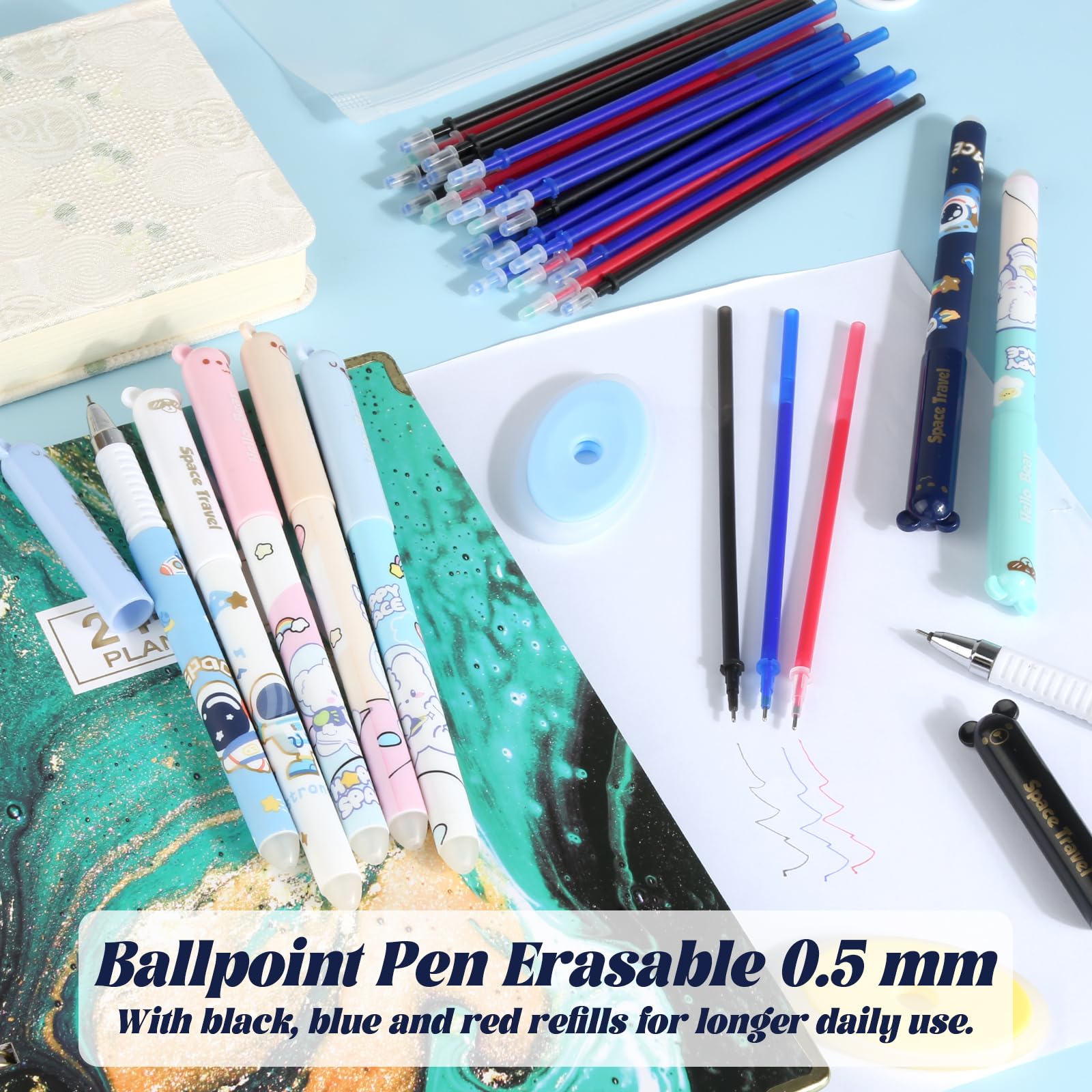 JIANGZHIB Erasable Ballpoint Pen, Pack of 8 Gel Pens Ballpoint Pens, Gel Pen with 30 Refills and 2 Erasers - Image 4