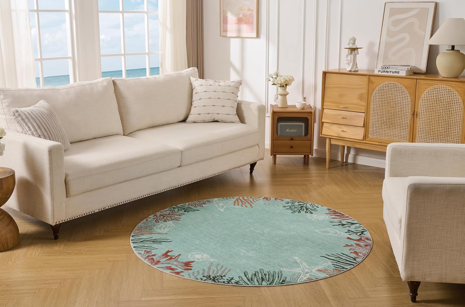 Seaside Coral Style Soft Machine-Washable Faux Wool Stain Resistant Rug Rubber Non-Slip Backing for Playroom Bathroom Living Room Bedroom Bedside Beachy Coastal Nautical Rug (Aqua, 5' Round)