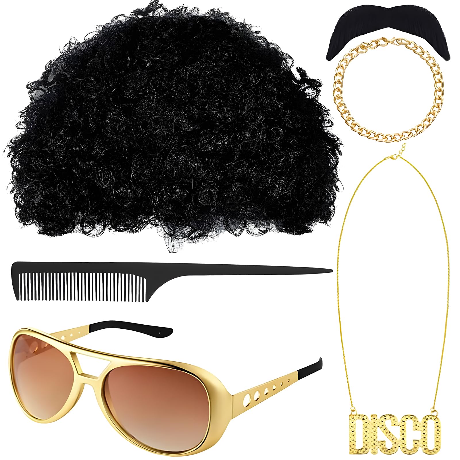 6 Pcs 70s 80s 90s Fancy Dress Man Hippie Set Inlcuding Black Afro Wig, Disco Necklace, BraceletRetro Glasses, Fake Beard and Comb for Disco Themed Party