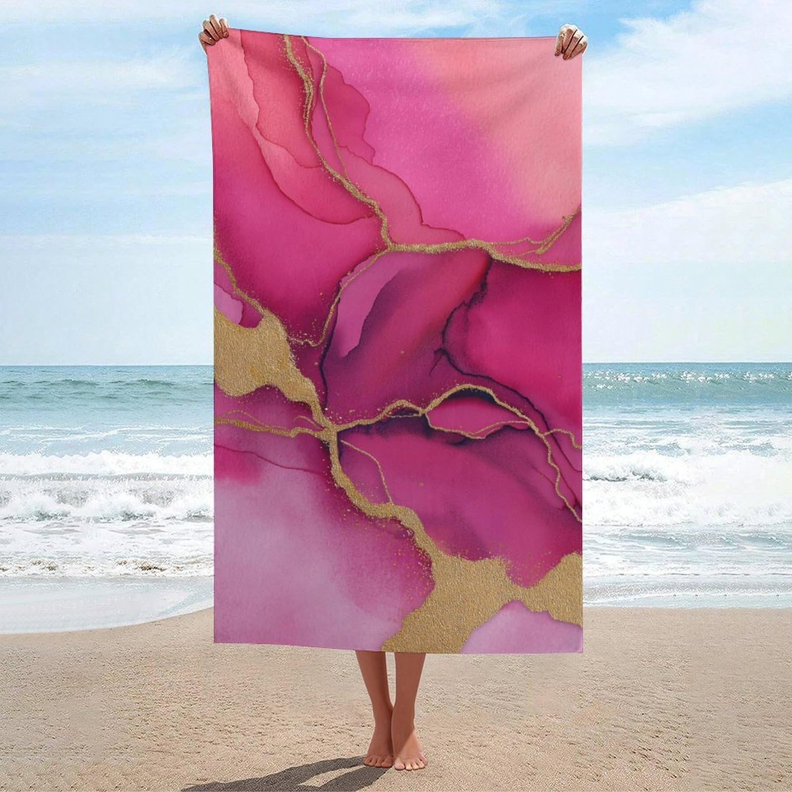 asbwuo Deep Pink Abstract Waves Beach Towel