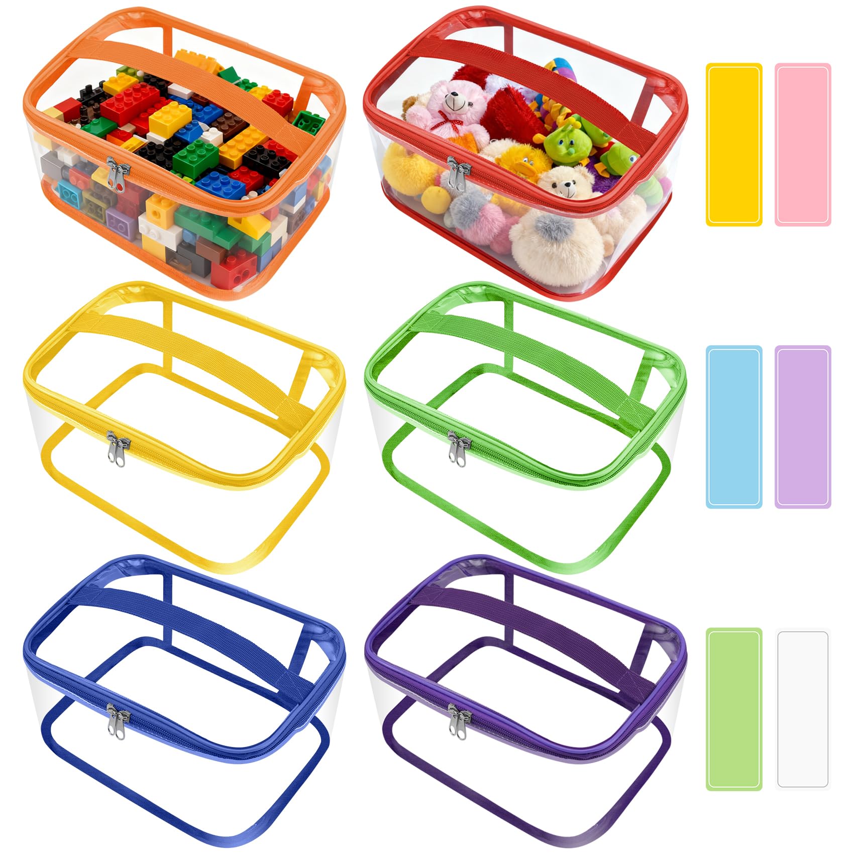 Yocdunm Multicolor 6 Pcs Toy Storage Bags-Clear Pvc Organizing Bags With Sticker Waterproof Toy Container With Handle-Travel Case Pouch For Building Blocks, Puzzle, Balls, Pretend Play Toys (Multicolor)
