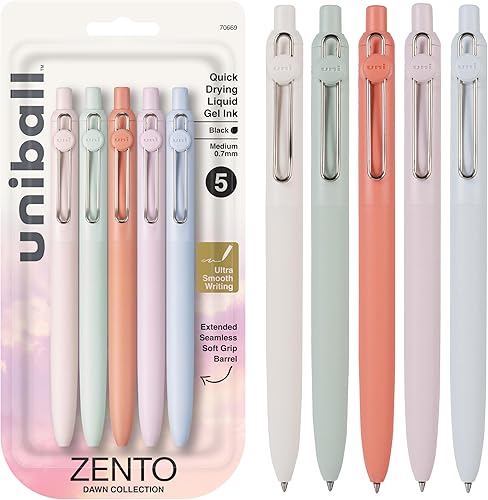 uni-ball Zento Gel Ink Rollerball Pens, 4 Black Medium Point Smooth Writing Pens, Colored Japanese Pens, Muted Colors